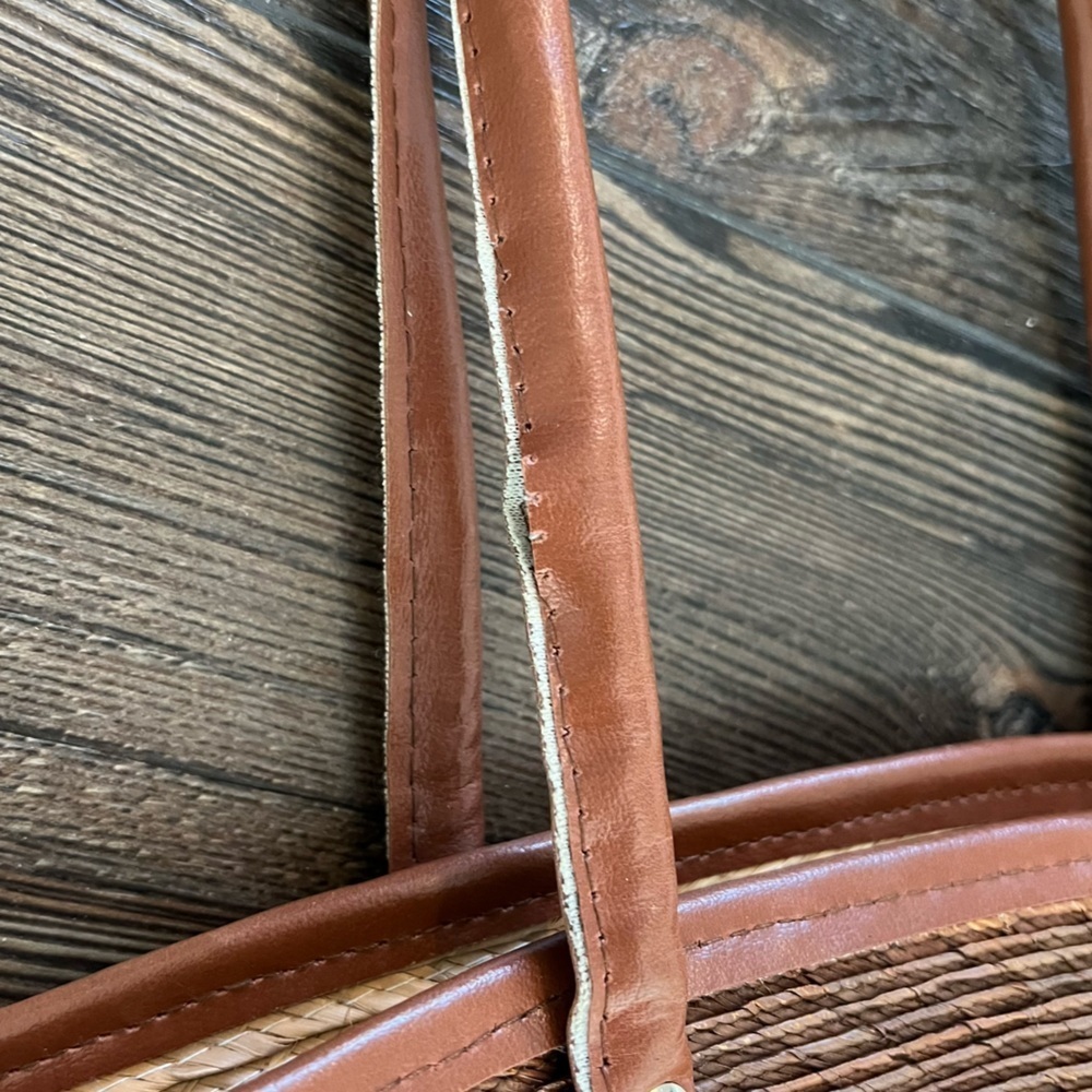 Brown Tan Striped Straw Bag Zipper Closure Double Straps - Picture 10 of 10